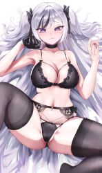 1girl :3 absurdres azur_lane black_bow black_bra black_choker black_gloves black_hair black_panties blue_eyes blush bow bra breasts choker cleavage commentary_request commission elbe_(azur_lane) gloves gradient_eyes hair_bow hair_over_one_eye hands_up heart heart_o-ring highres knee_up large_breasts leg_up lhoting long_hair looking_at_viewer looking_down lying multicolored_eyes multicolored_hair navel o-ring on_back panties pixiv_commission purple_eyes single_glove solo spread_legs stomach streaked_hair thighhighs thighs two-tone_hair underwear underwear_only very_long_hair white_hair