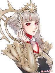 1girl black_dress blunt_bangs breasts choker commentary commission dress english_commentary eyelashes fire_emblem fire_emblem_heroes grey_hair hand_in_own_hair highres looking_at_viewer medium_breasts nintendo official_alternate_costume official_alternate_hairstyle parted_lips red_eyes short_hair_with_long_locks solo tiara twitter_username upper_body veronica_(fire_emblem) veronica_(princess_rising)_(fire_emblem) vgen_commission white_background yumikari07