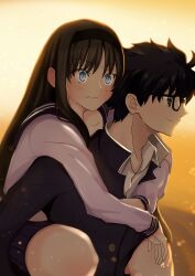 1boy 1girl artist_request black_hair black_jacket blue_eyes blush brother_and_sister carrying glasses highres jacket kohaku_majiheta long_hair piggyback shirt short_hair siblings slit_pupils smile tohno_akiha tohno_shiki tsukihime tsukihime_(remake) upper_body white_shirt