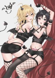 2girls absurdres aburi-gatana ahoge antenna_hair arm_up asymmetrical_legwear black_eyes black_gloves black_hair black_shorts black_thighhighs blonde_hair breasts choker crop_top demon_horns demon_tail demon_wings fang fingerless_gloves fishnet_thighhighs fishnets garter_straps gloves green_eyes hair_between_eyes hand_on_another&#039;s_neck heart heart_choker highres horns hoshii_miki idolmaster idolmaster_(classic) kikuchi_makoto looking_back midriff mismatched_legwear multiple_girls nail_polish navel open_mouth pubic_tattoo red_nails short_hair short_shorts shorts tail tattoo thighhighs wings yuri