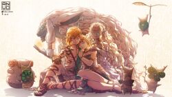 2boys 2girls 4others absurdres an_vo2510 archaic_set_(zelda) backpack bag blonde_hair dress highres korok leaf leaning_on_person link long_hair multicolored_hair multiple_boys multiple_girls multiple_others nintendo pointy_ears princess_zelda rauru_(tears_of_the_kingdom) short_hair sitting sleeping sonia_(zelda) stick the_legend_of_zelda the_legend_of_zelda:_tears_of_the_kingdom two-tone_hair very_long_hair white_hair zonai