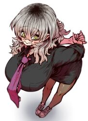 1girl aroused bent_over black_shirt blush breasts cross-body_stretch fang flexible foreshortening formal_clothes grey_hair highres huge_breasts large_breasts legs long_hair looking_at_viewer necktie perspective purple_necktie shiba_natsuki shirt simple_background skin_fang skirt skirt_suit smile solo ss_kabushikigaisha stretching suit sweat white_background white_sneakers yellow_eyes zyugoya
