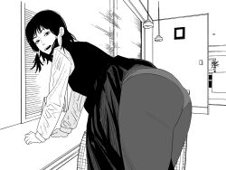 1girl arm_support ass bent_over chainsaw_man commentary door dress fourth_east_high_school_uniform fujimoto_tatsuki_(style) greyscale highres indoors long_sleeves looking_at_viewer mifune_fumiko monochrome nanami_toga open_mouth panties panties_under_pantyhose pantyhose pinafore_dress school_uniform shirt sleeveless sleeveless_dress solo table underwear