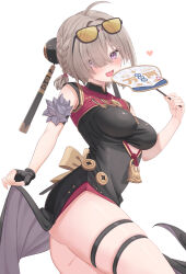 1girl :d ass black-framed_eyewear black_dress black_gloves blush breasts brown_hair china_dress chinese_clothes clothing_cutout commentary_request cowboy_shot dress eyewear_on_head fingerless_gloves fingernails from_side gloves hair_over_one_eye hand_fan heart highres holding holding_fan large_breasts looking_at_viewer open_mouth purple_eyes simple_background single_glove sleeveless sleeveless_dress smile solo sweety_(zenless_zone_zero) thigh_strap tinted_eyewear tsukimi_yaya underboob_cutout white_background yellow-tinted_eyewear zenless_zone_zero