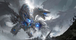 absurdres blue-eyes_alternative_ultimate_dragon blue-eyes_ultimate_dragon blue-eyes_white_dragon blue_eyes claws dragon glowing glowing_eyes glowing_mouth highres holding leo-dont-want-to-be-a-painter multiple_heads no_humans open_mouth sharp_teeth teeth wings yu-gi-oh!