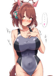 ... 1girl absurdres ahoge alternate_costume animal_ears bow breasts brown_eyes brown_hair closed_mouth commentary_request competition_swimsuit covered_navel dantsu_flame_(umamusume) ear_ribbon gryebooks hand_on_own_chest heart heart-shaped_pupils highres horse_ears horse_girl horse_tail large_breasts multicolored_hair one-piece_swimsuit pink_ribbon ribbon short_hair solo spoken_ellipsis swimsuit symbol-shaped_pupils tail two-tone_hair umamusume white_hair