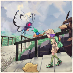 1boy alternate_costume backpack bag boots border bugsy_(pokemon) butterfree commentary_request day fence gen_1_pokemon green_bag green_footwear green_socks hat highres how_long kleavor male_focus nintendo oddish open_mouth outdoors pokemon pokemon_(creature) pokemon_hgss purple_hair ribbed_socks sandshrew shirt short_hair shorts smile socks stairs standing weedle white_border
