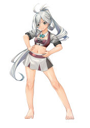 1girl absurdres ahoge aqua-framed_eyewear aqua_bow aqua_bowtie asashimo_(kancolle) bandeau barefoot bow bowtie braid clothes_writing commentary_request cropped_jacket detached_collar full_body grey_eyes grey_hair grin hair_between_eyes hair_ribbon hands_on_own_hips highres jacket kantai_collection long_hair looking_at_viewer midriff navel parted_lips ponytail purple_bandeau race_queen ribbon simple_background skirt smile solo standing white_background white_jacket white_ribbon white_skirt yashin_(yasinz)