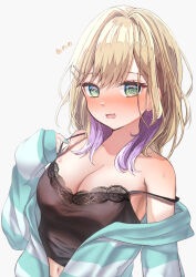 1girl @_@ aqua_hoodie aqua_nails bare_shoulders black_camisole blonde_hair blush breasts camisole cleavage colored_inner_hair embarrassed fang green_eyes hair_ornament hairclip highres hood hoodie kurumi_noah kurumi_noah_(6th_costume) lace-trimmed_camisole lace_trim large_breasts long_hair long_sleeves looking_at_viewer loungewear midriff multicolored_hair navel nose_blush off_shoulder open_clothes open_hoodie open_mouth purple_hair skin_fang sleeves_past_wrists solo strap_lift strap_slip striped_clothes striped_hoodie sweat tenkey_toko upper_body virtual_youtuber vspo! white_background