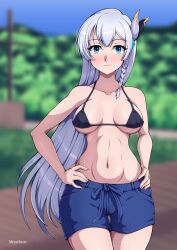 Rule 34 | 1girl, allucia citrus, artist name, bikini, black bikini, blue eyes, blue shorts, blurry, blurry background, blush, braid, breasts, closed mouth, commission, hair between eyes, hair ornament, hands on own hips, highres, katainaka no ossan kensei ni naru, lips, long hair, medium breasts, navel, park, shorts, smile, solo, stomach, swimsuit, very long hair, weekun, white hair
