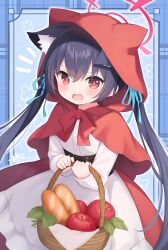 1girl absurdres animal_ears apple basket black_hair blue_archive bread cat_ears cosplay fang food fruit halo highres hood little_red_riding_hood_(grimm) little_red_riding_hood_(grimm)_(cosplay) long_hair red_eyes serika_(blue_archive) solo twintails zcx