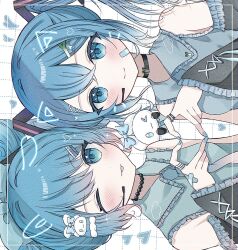 Rule 34 | 2girls, ;d, aqua eyes, aqua hair, aqua nails, bead necklace, beads, black choker, blush, bow, choker, cinnamiku, cinnamoroll, drawn ears, dual persona, ear bow, exif rotation, food-themed hair ornament, fuwa fuwa cinnamoroll, hair ornament, hairclip, hashtag-only commentary, hatsune miku, headset, heart, heart hands, heart hands duo, highres, inset border, intoru 4, jewelry, multiple girls, nail polish, necklace, one eye closed, open mouth, sanrio, shirt, sleeveless, sleeveless shirt, smile, spring onion hair ornament, tongue, tongue out, updo, upper body, vocaloid