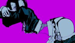 10_4_(10f0ur) 1girl apron ass ben-day_dots bent_over black_hair blunt_bangs blush c-bas crop_top crossed_arms floral_print from_side joints long_sleeves looking_at_viewer looking_to_the_side mechabare mechanical_hands original pantyhose print_pantyhose purple_background robot_girl robot_joints screentones see-through_body simple_background solo spine waist_apron