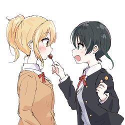2girls black_hair blonde_hair blush brown_cardigan candy cardigan collared_shirt commentary_request embarrassed eye_contact food gradient_hair green_eyes green_hair holding holding_candy holding_food holding_lollipop jacket lollipop looking_at_another love_live! love_live!_nijigasaki_high_school_idol_club miyashita_ai multicolored_hair multiple_girls neck_ribbon nijigasaki_school_uniform open_mouth orange_eyes ponytail ribbon school_uniform shirt sidelocks takasaki_yu watanabe_nako