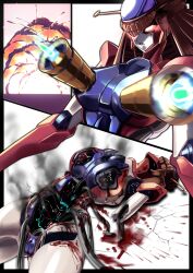 Rule 34 | 1girl, absurdres, armor, artist request, bad id, bad pixiv id, blood, blue armor, breast missiles, breasts, broken, brown hair, cable, defeat, explosion, exposed internal machinery, glowing, glowing eyes, great mazinger, highres, mazinger (series), mecha, mecha focus, mechabare, metal hair, multicolored armor, pussy, red armor, robot, robot girl, smoke, super robot, venus a, white armor