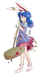 1girl alphes_(style) animal_ears bandages bloomers blue_hair commentary_request dairi defeat dress earclip full_body highres holding kine large_variant_set long_hair mallet parody puffy_short_sleeves puffy_sleeves rabbit_ears seiran_(touhou) short_dress short_sleeves socks solo style_parody tachi-e tears torn_clothes touhou transparent_background underwear variant_set