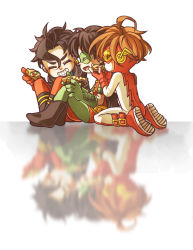 3boys bart_allen black_hair bodysuit brown_hair cape dc_comics domino_mask food gloves goggles highres impulse jojody kon-el male_focus mask multiple_boys pizza reflection robin_(dc) silverly sitting superboy tim_drake young_justice