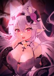 1girl absurdres animal_ears bibixart blood blood_on_face breasts cat character_request cleavage copyright_request cross dress fang hair_ribbon hairband highres large_breasts long_hair looking_at_viewer pointy_ears purple_dress purple_hair purple_hairband purple_ribbon red_eyes ribbon smile solo tongue tongue_out upper_body vampire
