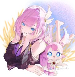 Rule 34 | 1girl, bare legs, blue eyes, coat, commentary request, cyrene (honkai: star rail), hand on own cheek, hand on own face, honkai: star rail, honkai (series), legs, lying, matsuki tou, medium hair, mem (honkai: star rail), on stomach, parted lips, pink fur, pink hair, purple coat, smile, star-shaped pupils, star (symbol), symbol-shaped pupils, the pose, twitter username