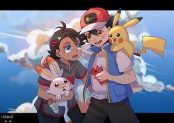 Rule 34 | 2boys, ash ketchum, black hair, blue eyes, blue vest, brown eyes, cellphone, cowboy shot, eye contact, gen 1 pokemon, gen 4 pokemon, gen 8 pokemon, goh (pokemon), grey shirt, hand on another&#039;s shoulder, holding, holding phone, holding pokemon, looking at another, multiple boys, nintendo, on shoulder, open clothes, open vest, phone, pikachu, pokemon, pokemon (anime), pokemon (creature), pokemon journeys, red headwear, rotom, rotom phone, scorbunny, shirt, short hair, short sleeves, smartphone, vest, white shirt