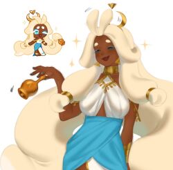 1girl :3 bell blue_dress breasts cookie_run cookie_run:_kingdom dark-skinned_female dark_skin dress happy highres long_hair medium_breasts midlle4 mozzarella_cookie solo two-tone_dress very_long_hair white_dress white_hair