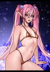 1girl bikini breasts cameltoe covered_erect_nipples elf fif_228 gold_bikini hair_ornament highres indie_virtual_youtuber lips lipstick long_hair makeup mole mole_under_mouth navel pink_hair pointy_ears purple_eyes remuchii_(vtuber) small_breasts solo stomach swimsuit twintails very_long_hair virtual_youtuber