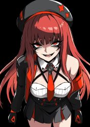 1girl beret black_background blunt_bangs commentary_request detached_collar evil_grin evil_smile goddess_of_victory:_nikke grin hat highres long_eyelashes looking_at_viewer nagainegi necktie off-shoulder_jacket off_shoulder rapi_(nikke) rapi_(red_hood)_(nikke) red_hair red_necktie single_bare_shoulder single_off_shoulder smile solo two-tone_gloves two-tone_hat