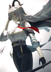 1girl absurdres armband black_armband black_gloves black_horns black_jacket black_pants breasts button_gap collared_shirt commentary curled_horns gloves grey_hair high-waist_pants highres horns jacket jacket_on_shoulders large_breasts long_hair looking_ahead multicolored_hair necktie pants parted_lips red_eyes red_necktie shirt solo streaked_hair tight_clothes tight_pants white_background white_shirt wuthering_waves z_(uxaf2353) zani_(wuthering_waves)