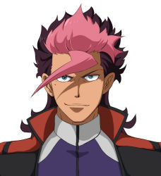 1boy black_jacket blue_eyes brown_hair guel_jeturk gundam gundam_suisei_no_majo hair_behind_ear highres jacket looking_at_viewer male_focus medium_hair mole mole_under_eye orga_itsuka parody portrait smirk solo sotomichi straight-on v-shaped_eyebrows white_background