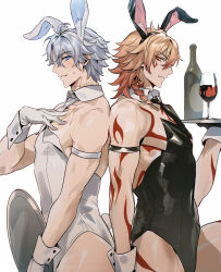 Rule 34 | 2boys, absurdres, animal ears, antenna hair, armband, black choker, black leotard, black necktie, blonde hair, blue eyes, blue necktie, blush, choker, coat, commentary, crossdressing, crossdressing (mtf), crossed arms, detached collar, donburi rn, fake animal ears, fake tail, hair between eyes, highres, honkai: star rail, honkai (series), large pectorals, leotard, looking at viewer, male focus, male playboy bunny, multiple boys, mydei (honkai: star rail), neck tattoo, necktie, pectorals, phainon (honkai: star rail), playboy bunny, rabbit ears, rabbit tail, red ribbon, ribbon, short hair, simple background, strapless, strapless leotard, tail, tattoo, thigh strap, toned, toned male, white background, white coat, white hair, white leotard, wrist cuffs, yellow eyes