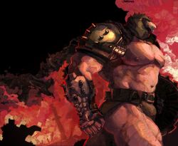 Rule 34 | 1boy, armor, bara, biceps, doom (series), doomguy, fire, hell, highres, jockstrap, kartinonos, male underwear, muscular, muscular male, underwear, veins, walking away