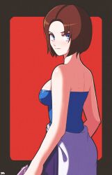 Rule 34 | 1girl, blue eyes, blue tube top, brown hair, clothes around waist, highres, jeff miga, jill valentine, looking at viewer, red background, resident evil, resident evil 3: nemesis, short hair, signature, simple background, strapless, sweater, sweater around waist, tube top, two-tone background