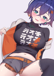 1girl :d absurdres belle_(zenless_zone_zero) black_shirt black_thighhighs blue_hair blush breasts earrings green_eyes grey_background highres jacket jewelry large_breasts miniskirt navel open_clothes open_jacket open_mouth orange_skirt shirt short_hair simple_background skirt smile solo thighhighs zenless_zone_zero zion_rss