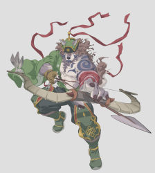 1boy abs animal_ears bara bare_pectorals beige_fur bow_(weapon) brown_hair chest_hair chest_tattoo drawing_bow facial_hair fang fighting_stance foreshortening full_body furry furry_male goatee green_kimono grey_background hadanugi_dousa hair_between_eyes highres holding holding_bow_(weapon) holding_weapon japanese_clothes kimono large_pectorals male_focus mature_male muscular muscular_male nipples open_clothes open_kimono pectorals rollingstonex6 short_hair sideburns solo stomach tattoo temujin_(housamo) tokyo_houkago_summoners weapon wind wolf_boy wolf_ears