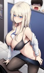 1boy 1girl between_breasts black_bra black_pantyhose blonde_hair blue_eyes blush bra breasts cleavage clothes_pull ddangbi faceless faceless_male highres id_card knee_up large_breasts looking_at_viewer navel off_shoulder office_lady open_bra open_clothes original pantyhose pantyhose_pull partially_undressed pencil_skirt skirt skirt_pull solo_focus thighs underwear undone_bra