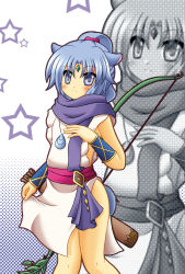 Rule 34 | 10s, 1girl, animal ears, bare legs, bow (weapon), commentary request, dog days, female focus, forehead jewel, fujii-tei, highres, horse ears, horse girl, horse tail, ponytail, purple eyes, scarf, sharu (dog days), solo, tabard, tail, weapon