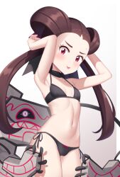 1girl armpits bare_arms bikini black_bikini black_choker blush breasts brown_hair choker closed_mouth cowboy_shot earrings eyelashes flat_chest gazing_eye gen_8_pokemon gradient_background hair_rings hands_up highres jewelry long_hair looking_at_viewer mixed-language_commentary navel nintendo official_alternate_costume pink_eyes pokemon pokemon_(creature) pokemon_masters_ex roxanne_(fall_2023)_(pokemon) roxanne_(pokemon) runerigus side-tie_bikini_bottom small_breasts smile swimsuit toned tongue tongue_out twintails