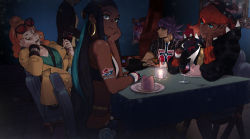 1other 2boys 2girls absurdres alcohol aqua_eyes arm_tattoo blue_eyes commentary commentary_request couple cup dark-skinned_female dark-skinned_male dark_skin drinking_glass english_commentary eyewear_on_head gen_1_pokemon gen_4_pokemon gloves gym_leader head_rest hetero highres huge_filesize indoors krabby leon_(pokemon) light_smile mer_(watercups) mixed-language_commentary multiple_boys multiple_girls nessa_(pokemon) nintendo orange_hair pokemon pokemon_(creature) pokemon_swsh purple_hair raihan_(pokemon) red-tinted_eyewear restaurant rotom rotom_phone side_ponytail single_glove sitting sonia_(pokemon) sunglasses tattoo tinted_eyewear very_dark_skin wine wine_glass