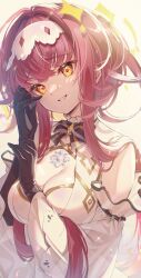 1girl absurdres black_gloves boukyaku_seijo bow bowtie breasts cleavage cleavage_cutout clothing_cutout crystal detached_sleeves frilled_hairband frills gloves grin hairband hand_on_own_head highres long_hair mariabelle_(boukyaku_seijo) novel_illustration official_art pink_hair portrait raised_inner_eyebrows second-party_source shirt shuri_(84k) sleeveless sleeveless_shirt smile smirk solo star_(symbol) yellow_eyes