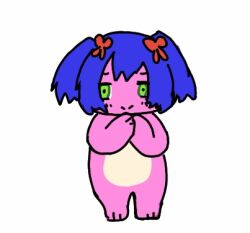 1girl 4chan animated bear beary_pink_gril blue_hair bow bury_pink_gril chibi chibi_only closed_mouth colored_skin dancing drawfag green_eyes hair_bow looking_at_viewer own_hands_together pink_skin red_bow simple_background smile solo twintails white_background