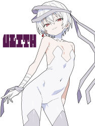 1girl albino bandaged_arm bandages bandana bare_shoulders covered_navel flat_chest highres looking_at_viewer matuo3232 red_eyes selector_wixoss short_hair smile solo ulith_(wixoss) unitard white_hair wixoss