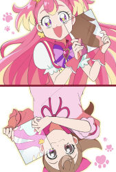 Rule 34 | 1girl, :3, :d, arched crown, bow, bow earrings, bright pupils, brooch, brown eyes, brown hair, capelet, chest bow, closed mouth, commentary, crown, cure wonderful, dot nose, dress, dual persona, earrings, frilled wrist cuffs, frills, gold earrings, gold hairband, hair bow, hair ornament, hairband, hands up, heart, heart brooch, highres, hinoki (91011), holding, holding mirror, hooded dress, inukai komugi, jewelry, long hair, looking at viewer, magical girl, mini crown, mirror, multicolored hair, multiple views, open mouth, paw print, paw print background, pink bow, pink capelet, pink dress, pink hair, pink wrist cuffs, ponytail, precure, puffy short sleeves, puffy sleeves, purple bow, purple eyes, short sleeves, simple background, single stripe, smile, split mouth, streaked hair, striped bow, striped capelet, tilted headwear, two-tone hair, two side up, very long hair, wonderful precure!, wrist cuffs, yellow pupils