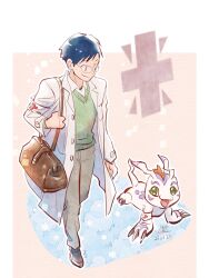 Rule 34 | 1boy, antennae, armband, blue hair, brown bag, brown pants, brown shoes, claws, coat, collared shirt, dated, digimon, digimon (creature), digimon adventure 02, from side, glasses, gomamon, green eyes, green sweater, highres, kido jo, lab coat, looking at another, male focus, open clothes, open coat, open mouth, pants, pqtiger, shirt, shoes, short hair, sweater, white armband, white coat, white fur, white shirt