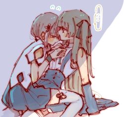 Rule 34 | ..., 2girls, arm at side, arm cutout, assault lily, bare shoulders, black hair, black ribbon, black skirt, blush, brown hair, closed mouth, collared shirt, commentary, cowboy shot, detached sleeves, flower, flying sweatdrops, from side, girl on top, grey background, grey thighhighs, hair flower, hair ornament, hair over shoulder, hair ribbon, hand on another&#039;s chest, hands up, heads together, high-waist skirt, kuo shenlin, long hair, looking at another, miniskirt, multiple girls, neck ribbon, one side up, profile, ribbon, rui rui rui0122, school uniform, shade, shirt, short sleeves, sitting, sitting on lap, sitting on person, skirt, speech bubble, spoken ellipsis, suspender skirt, suspenders, tassel, tassel hair ornament, thighhighs, two-tone background, very long hair, wang yujia, white background, white flower, white shirt, white thighhighs, yuri, yurigaoka girls academy school uniform