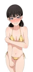1girl absurdres bikini black_hair breasts chainsaw_man cleavage clenched_teeth collarbone commentary_request cowboy_shot embarrassed gold_bikini highres long_hair medium_breasts mitaka_asa na-suke navel side-tie_bikini_bottom simple_background solo standing stomach swimsuit teeth thighs white_background