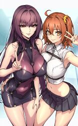 2girls absurdres adapted_costume ahoge arm_around_waist bare_arms bare_shoulders black_skirt breasts closed_mouth crossed_bangs dynamitenatalia fate/grand_order fate_(series) fujimaru_ritsuka_(female) hair_between_eyes hair_ornament hair_scrunchie hand_up highres large_breasts long_hair looking_at_viewer miniskirt multiple_girls navel orange_eyes orange_hair parted_lips pleated_skirt purple_hair red_eyes scathach_(fate) scrunchie skirt smile thighs v yellow_scrunchie