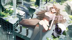 1girl animal_ears arm_up bandeau bare_shoulders black_shorts breasts brown_hair cat_ears cat_girl cat_tail cleavage commission crop_top detached_sleeves extra_ears highleg highres kanono knee_up large_breasts long_hair long_sleeves looking_at_viewer lying micro_shorts midriff mole mole_on_breast mole_on_shoulder multicolored_hair no_shoes on_back open_mouth panty_straps post-apocalypse purple_eyes sakurai_hana shorts smile solo stomach strapless streaked_hair tail thighhighs tube_top vdonburi vgen_commission virtual_youtuber white_bandeau white_thighhighs