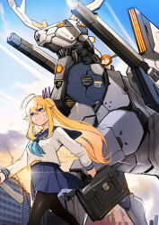 2girls ahoge antlers bag beam_cannon black_pantyhose blonde_hair blue_neckerchief blue_sailor_collar blue_skirt blue_sky briefcase brown_hair building city closed_mouth day deer_antlers deer_girl feet_out_of_frame floating_hair hair_between_eyes highres holding holding_bag horns koshi_torako kyou_(iuciferic) long_hair long_sleeves mecha multiple_girls neckerchief non-humanoid_robot o_o open_mouth outdoors pantyhose pleated_skirt purple_eyes robot robot_animal ruins sailor_collar school_briefcase school_uniform shikanoko_noko shikanoko_nokonoko_koshitantan shirt skirt sky smile sweatdrop triangle_mouth very_long_hair walking white_shirt yellow_eyes