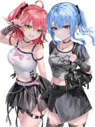 2girls ahoge alternate_costume belt black_bag black_choker black_ribbon black_shirt black_skirt black_sleeves blue_eyes blue_hair blush bow breasts brown_thighhighs choker cross cross_earrings detached_sleeves ear_piercing earrings fingernails green_eyes grey_shirt grin hair_ribbon highres hololive hoshimachi_suisei jewelry karanashi_noma large_breasts long_hair medium_hair midriff multiple_girls nail_polish navel necklace one_side_up piercing pink_belt pink_hair pink_nails pink_sleeves ribbon sakura_miko shirt simple_background skirt smile star_(symbol) star_in_eye striped_sleeves symbol_in_eye thigh_belt thigh_strap thighhighs thighs virtual_youtuber w white_background white_bow white_shirt y2k_fashion