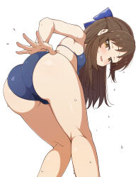 1girl absurdres ass bikini blue_bikini blue_bow bow breasts brown_eyes brown_hair commission feet_out_of_frame from_behind hair_bow half_updo highres idolmaster idolmaster_cinderella_girls idolmaster_cinderella_girls_u149 leaning_forward loli long_hair looking_back luilui_0525 simple_background skeb_commission small_breasts solo swimsuit tachibana_arisu teasing white_background